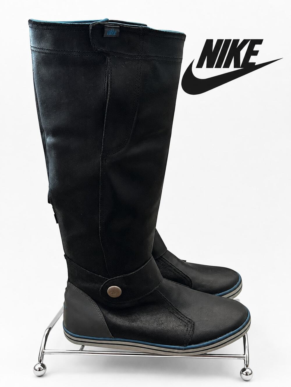 Nike Carico Tall Leather Boots NWOB Black Blue Women’s US 9 EU 40.5